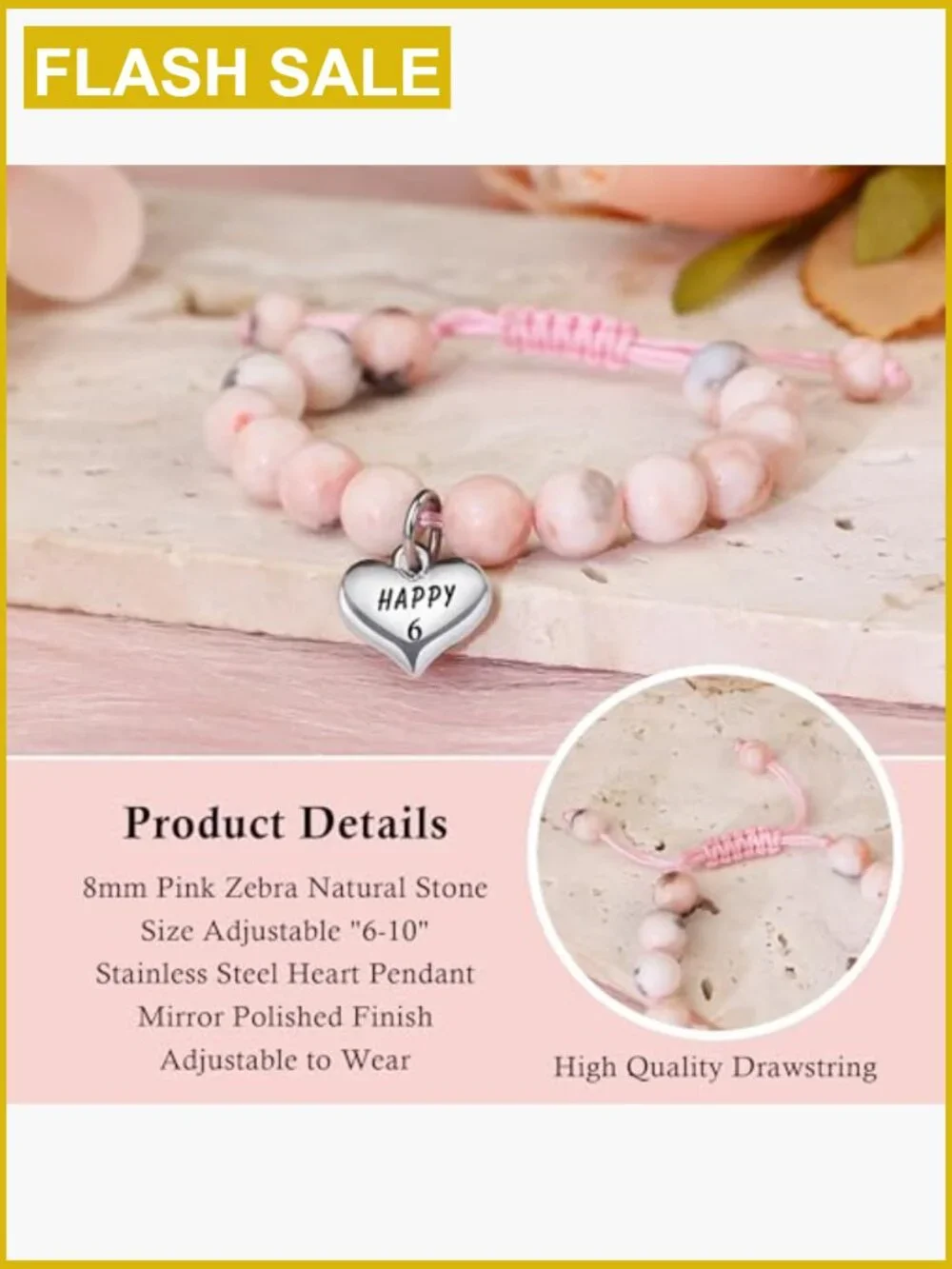 Adjustable Beaded Bracelet, Natural Stone, Heart Pendant, Girls Jewelry
